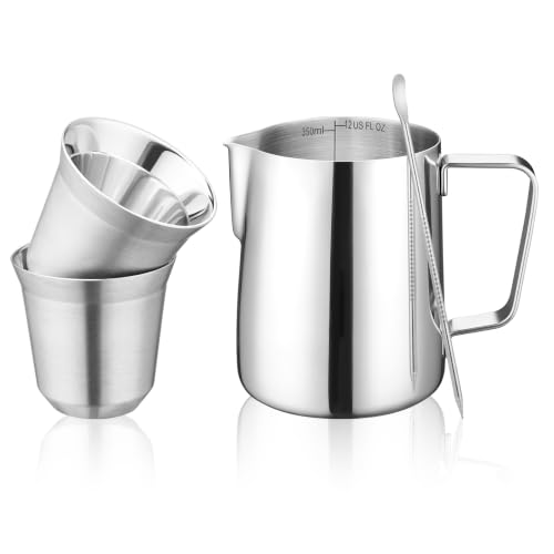 12oz Milk Frothing Pitcher & 2 (Silver / 12 Ounces + 2pcs Small Cups)