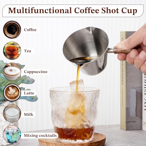 6.8oz Espresso Measuring Cup with Wood Handle & Double Spout (Silver / 6.8 Ounces)