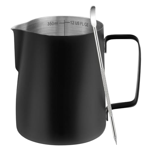 Milk Frothing Pitcher 12oz Frother Cup Barista Tools (Black / 12 Ounces)