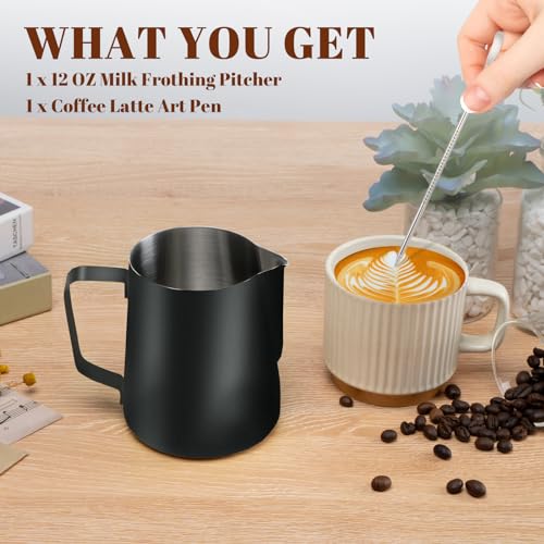 Milk Frothing Pitcher 12oz Frother Cup Barista Tools (Black / 12 Ounces)