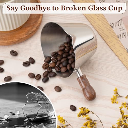 6.8oz Espresso Measuring Cup with Wood Handle & Double Spout (Silver / 6.8 Ounces)