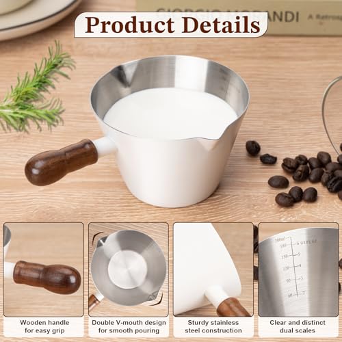6.8oz Espresso Measuring Cup with Wood Handle & Double Spout (White / 6.8 Ounces)