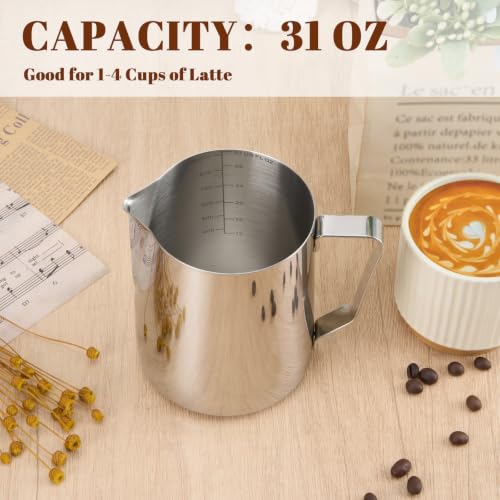 Milk Frothing Pitcher 31oz Frother Cup Barista Tools (Silver / 31 Ounces)