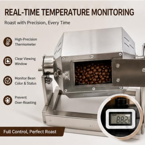 Electric Coffee Bean Roaster Stainless Steel Drum Roaster for Home Commercial Use Large Capacity with Adjustable Temperature for Roasting Coffee Beans Peanuts Nuts (0.3-0.5kg)