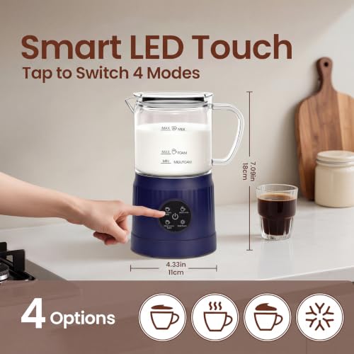 4-in-1 Milk Frother, Electric Milk Frother and Steamer with LED Touch Screen, Ceramic Lining Bottom, Milk Warmer 13.52oz for Lattes, Cappuccinos, and Macchiatos at Home (Navy blue) (Blue)