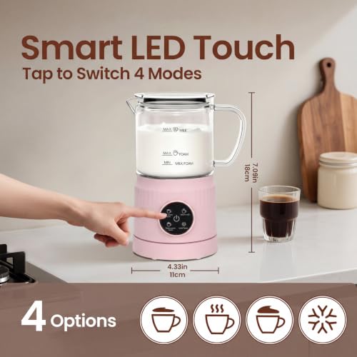 4-in-1 Electric Milk Frother and Steamer for Whole Milk, LED Touch Screen (Pink)