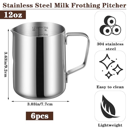 6 Pcs Milk Frothing Pitcher 12 Oz Stainless Steel Steaming Pitcher Espresso Steamer Cup Frother Jug for Latte Art