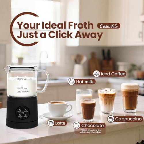 4-in-1 Milk Frother, Electric Milk Frother and Steamer with LED Touch Screen, Ceramic Lining Bottom, Milk Warmer 13.52oz for Lattes, Cappuccinos, and Macchiatos at Home (Black) (Black)