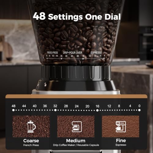 Conical Burr Coffee Bean Grinder with 48 Settings (Bright Silver)