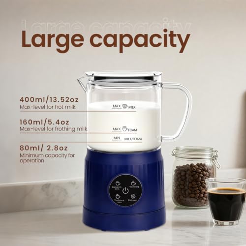 4-in-1 Milk Frother, Electric Milk Frother and Steamer with LED Touch Screen, Ceramic Lining Bottom, Milk Warmer 13.52oz for Lattes, Cappuccinos, and Macchiatos at Home (Navy blue) (Blue)