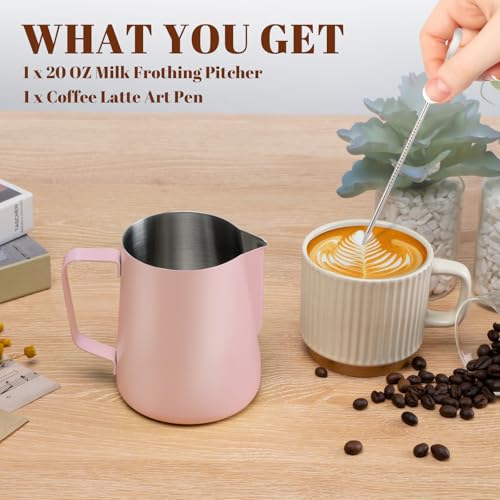 Milk Frothing Pitcher 20oz Frother Cup Barista Tools (Pink / 20 Ounces)