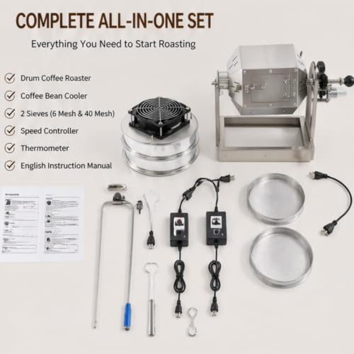 Electric Coffee Bean Roaster Stainless Steel Drum Roaster for Home Commercial Use Large Capacity with Adjustable Temperature for Roasting Coffee Beans Peanuts Nuts (0.3-0.5kg)