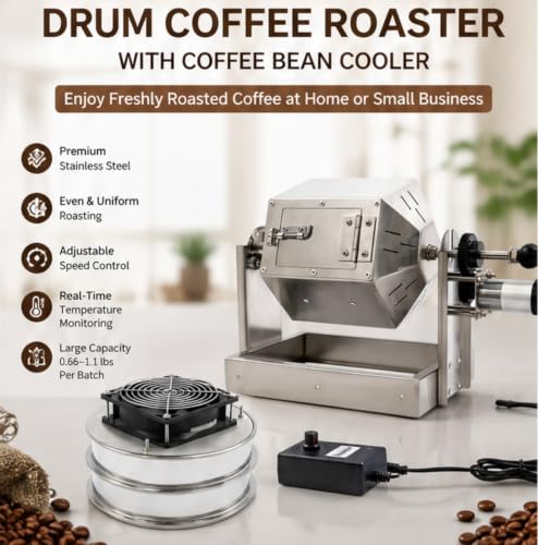 Electric Coffee Bean Roaster Stainless Steel Drum Roaster for Home Commercial Use Large Capacity with Adjustable Temperature for Roasting Coffee Beans Peanuts Nuts (0.3-0.5kg)