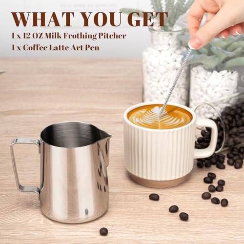 Milk Frothing Pitcher 12oz Frother Cup Barista Tools (Silver / 12 Ounces)