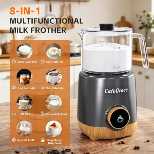8-in-1 Milk Frother and Steamer, 20 oz / 600 ml Large Capacity Warm and Cold Foam Maker and Milk Warmer for Coffee, Latte, Hot Chocolate, Glass & Stainless Steel Pitcher (20 oz / 600 ml)