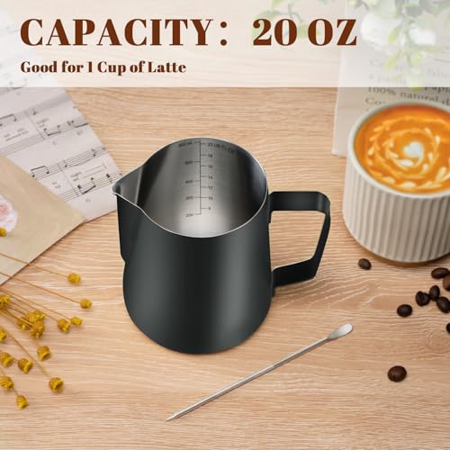 Milk Frothing Pitcher 20oz Frother Cup Barista Tools (Black / 20 Ounces)