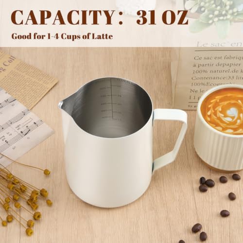 Milk Frothing Pitcher 31oz Frother Cup Barista Tools (White / 31 Ounces)