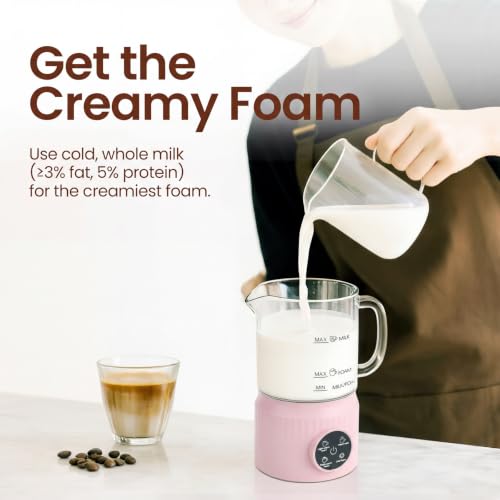 4-in-1 Electric Milk Frother and Steamer for Whole Milk, LED Touch Screen (Pink)