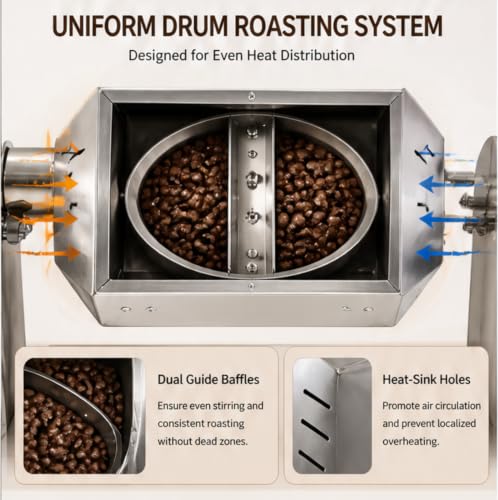 Electric Coffee Bean Roaster Stainless Steel Drum Roaster for Home Commercial Use Large Capacity with Adjustable Temperature for Roasting Coffee Beans Peanuts Nuts (0.3-0.5kg)