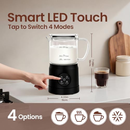 4-in-1 Milk Frother, Electric Milk Frother and Steamer with LED Touch Screen, Ceramic Lining Bottom, Milk Warmer 13.52oz for Lattes, Cappuccinos, and Macchiatos at Home (Black) (Black)
