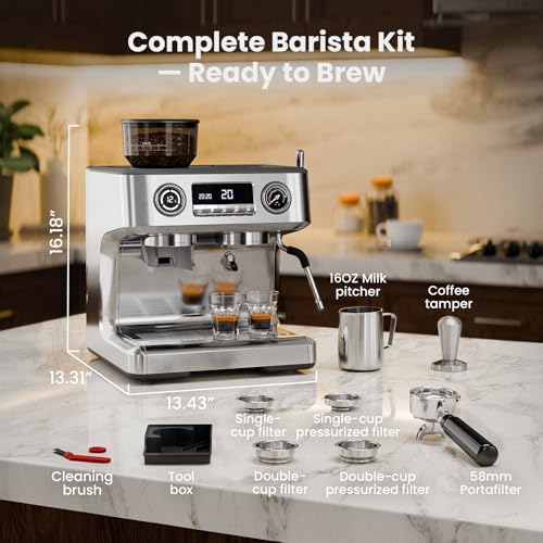 20 Bar Dual Boiler Espresso Machine with Grinder & Milk Steamer