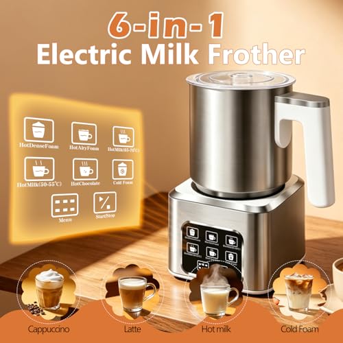 6-in-1 Electric Milk Frother and Steamer, Large Capacity & Detachable Electric Milk Frother and Warmer, Automatic Hot & Cold Foam Maker, with Stainless Steel Jug, 16.91oz/500ml for Coffee