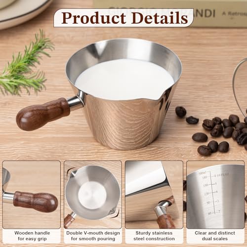 6.8oz Espresso Measuring Cup with Wood Handle & Double Spout (Silver / 6.8 Ounces)