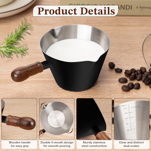 6.8oz Espresso Measuring Cup with Wood Handle & Double Spout (Black / 6.8 Ounces)