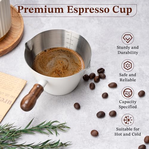 6.8oz Espresso Measuring Cup with Wood Handle & Double Spout (White / 6.8 Ounces)