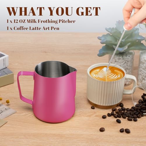 Milk Frothing Pitcher 12oz Frother Cup Barista Tools (Rose Red / 12 Ounces)