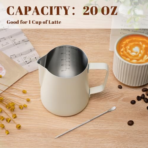 Milk Frothing Pitcher 20oz Frother Cup Barista Tools (White / 20 Ounces)