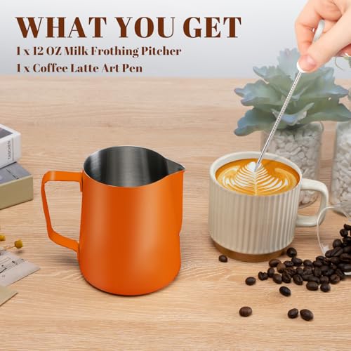 Milk Frothing Pitcher 12oz Frother Cup Barista Tools (Orange / 12 Ounces)