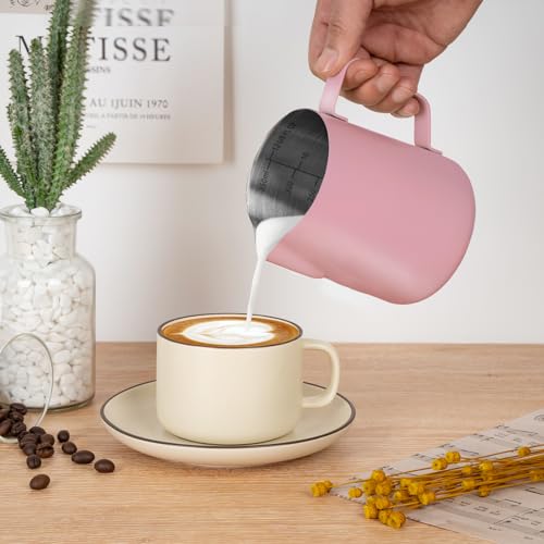 Milk Frothing Pitcher 12oz Frother Cup Barista Tools (Pink / 12 Ounces)