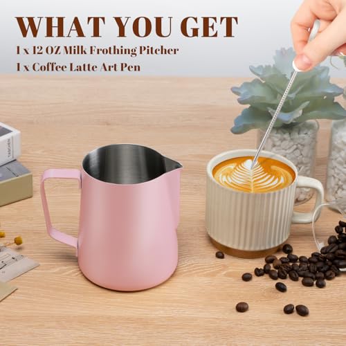 Milk Frothing Pitcher 12oz Frother Cup Barista Tools (Pink / 12 Ounces)