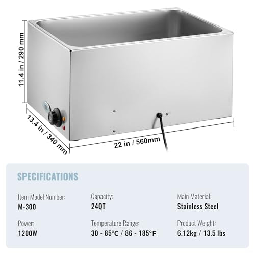 Commercial Food Warmer 24QT Bain Marie 1200W Electric Buffet Steam Table (12x20 Full Pan with display)