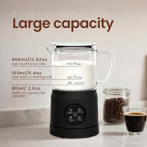 4-in-1 Milk Frother, Electric Milk Frother and Steamer with LED Touch Screen, Ceramic Lining Bottom, Milk Warmer 13.52oz for Lattes, Cappuccinos, and Macchiatos at Home (Black) (Black)