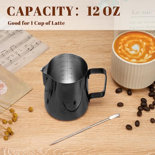 Milk Frothing Pitcher 12oz Frother Cup Barista Tools (Bright Black / 12 Ounces)