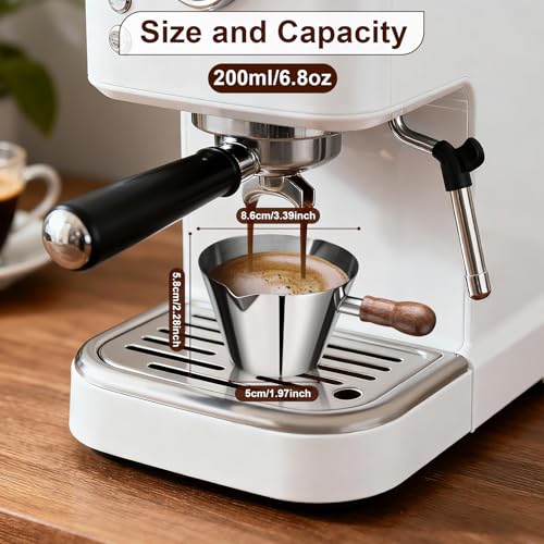 6.8oz Espresso Measuring Cup with Wood Handle & Double Spout (Silver / 6.8 Ounces)