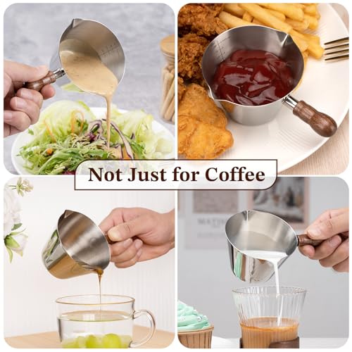 6.8oz Espresso Measuring Cup with Wood Handle & Double Spout (Silver / 6.8 Ounces)