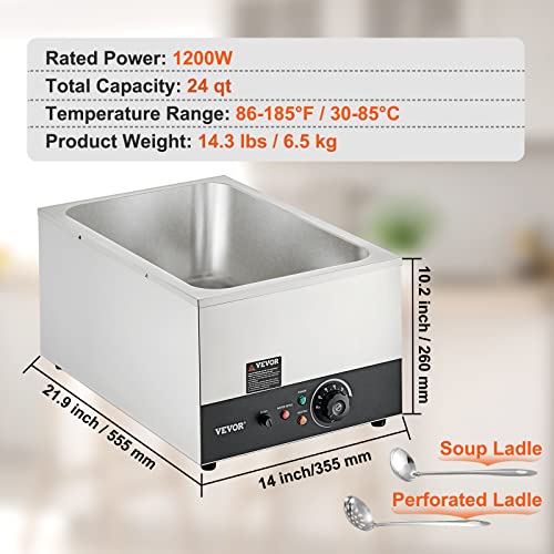 Commercial Food Warmer 24QT Bain Marie 1200W Electric Buffet Warmer Steam Table Food Warmer Countertop Stainless Steel Food Warmer Wet or Dry Use for Parties (1-Pan, 24 Qt)