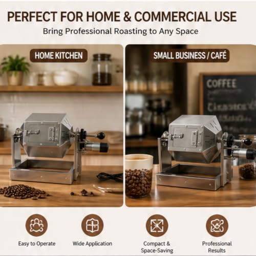 Electric Coffee Bean Roaster Stainless Steel Drum Roaster for Home Commercial Use Large Capacity with Adjustable Temperature for Roasting Coffee Beans Peanuts Nuts (0.3-0.5kg)