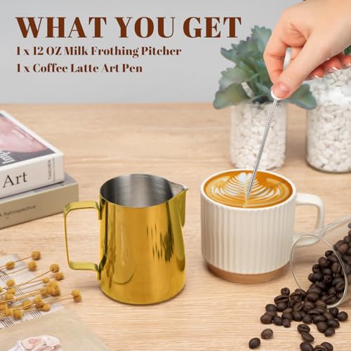 Milk Frothing Pitcher 12oz Frother Cup Barista Tools (Gold / 12 Ounces)