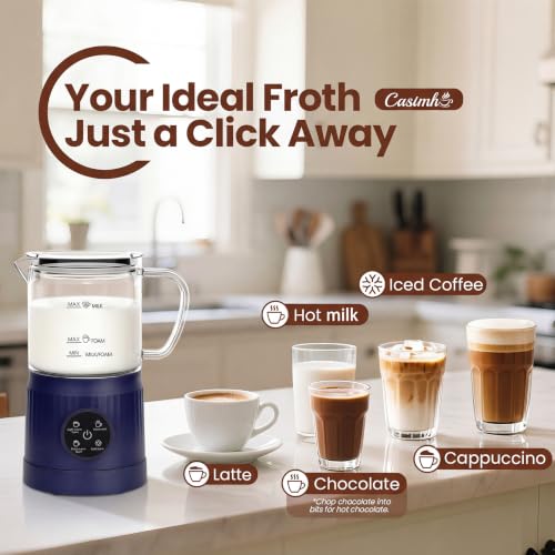 4-in-1 Milk Frother, Electric Milk Frother and Steamer with LED Touch Screen, Ceramic Lining Bottom, Milk Warmer 13.52oz for Lattes, Cappuccinos, and Macchiatos at Home (Navy blue) (Blue)