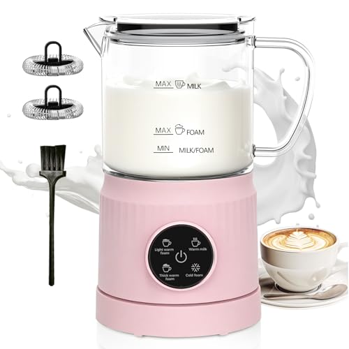 4-in-1 Electric Milk Frother and Steamer for Whole Milk, LED Touch Screen (Pink)
