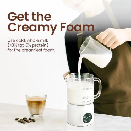 4-in-1 Electric Milk Frother and Steamer for Whole Milk, LED Touch Screen (Cream White)