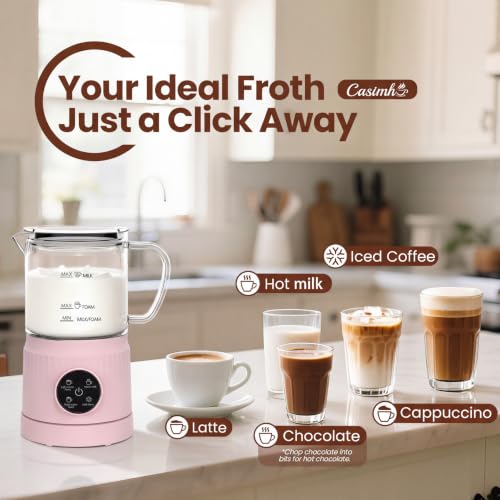 4-in-1 Electric Milk Frother and Steamer for Whole Milk, LED Touch Screen (Pink)