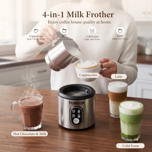 4-in-1 Electric Milk Frother and Steamer for Hot & Cold Foam (Silver+Black Mat)
