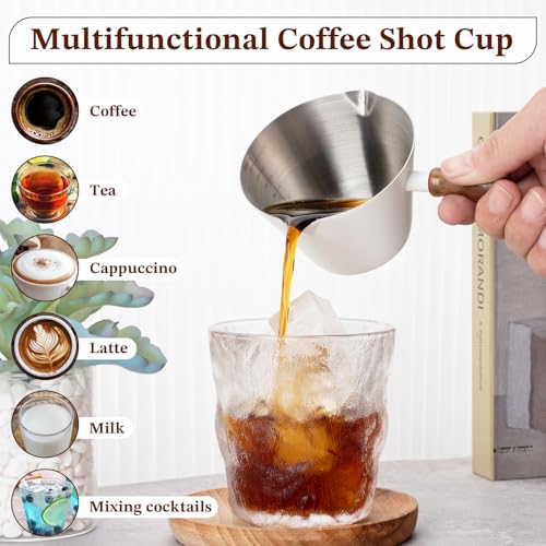 6.8oz Espresso Measuring Cup with Wood Handle & Double Spout (White / 6.8 Ounces)