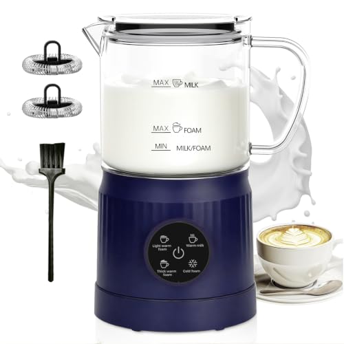 4-in-1 Milk Frother, Electric Milk Frother and Steamer with LED Touch Screen, Ceramic Lining Bottom, Milk Warmer 13.52oz for Lattes, Cappuccinos, and Macchiatos at Home (Navy blue) (Blue)
