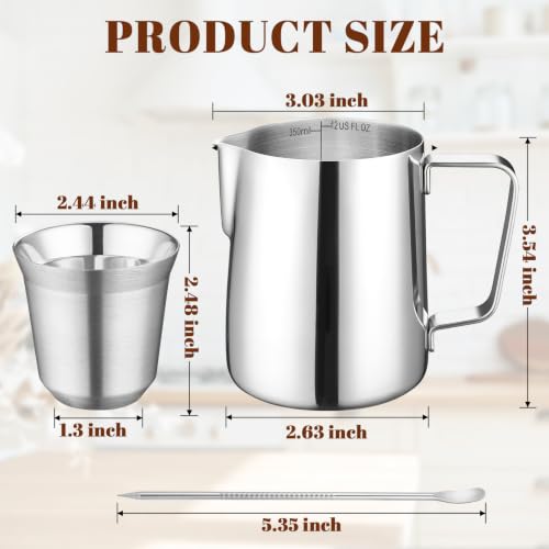 12oz Milk Frothing Pitcher & 2 (Silver / 12 Ounces + 2pcs Small Cups)